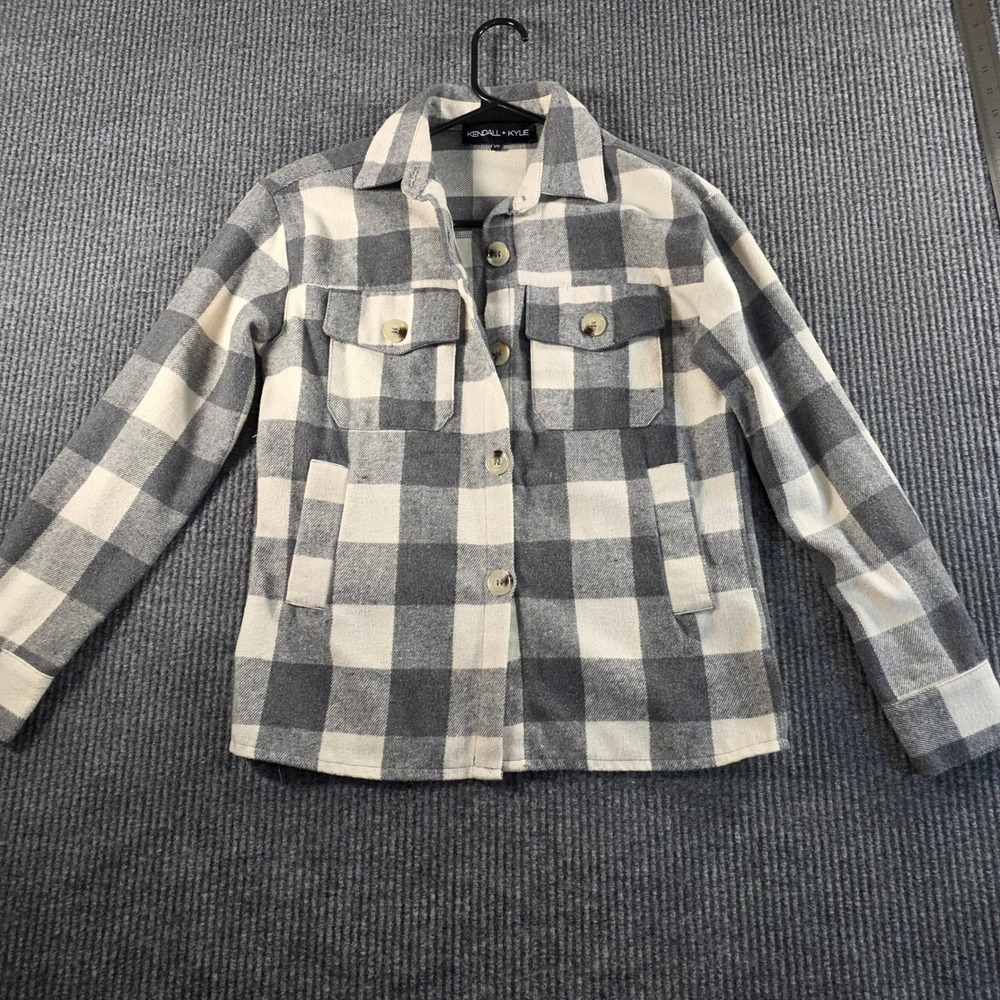 Kendall + Kylie Grey White Buffalo Plaid Shacket Button Front Shirt Jacket XS